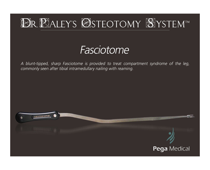 rendering and text description of Fasciotome tool. The text reads: "A blunt-tipped, sharp Fasciotome tool is provided to treat compartment syndrome of the leg, commonly seen after tibial intramedullary nailing with reaming"